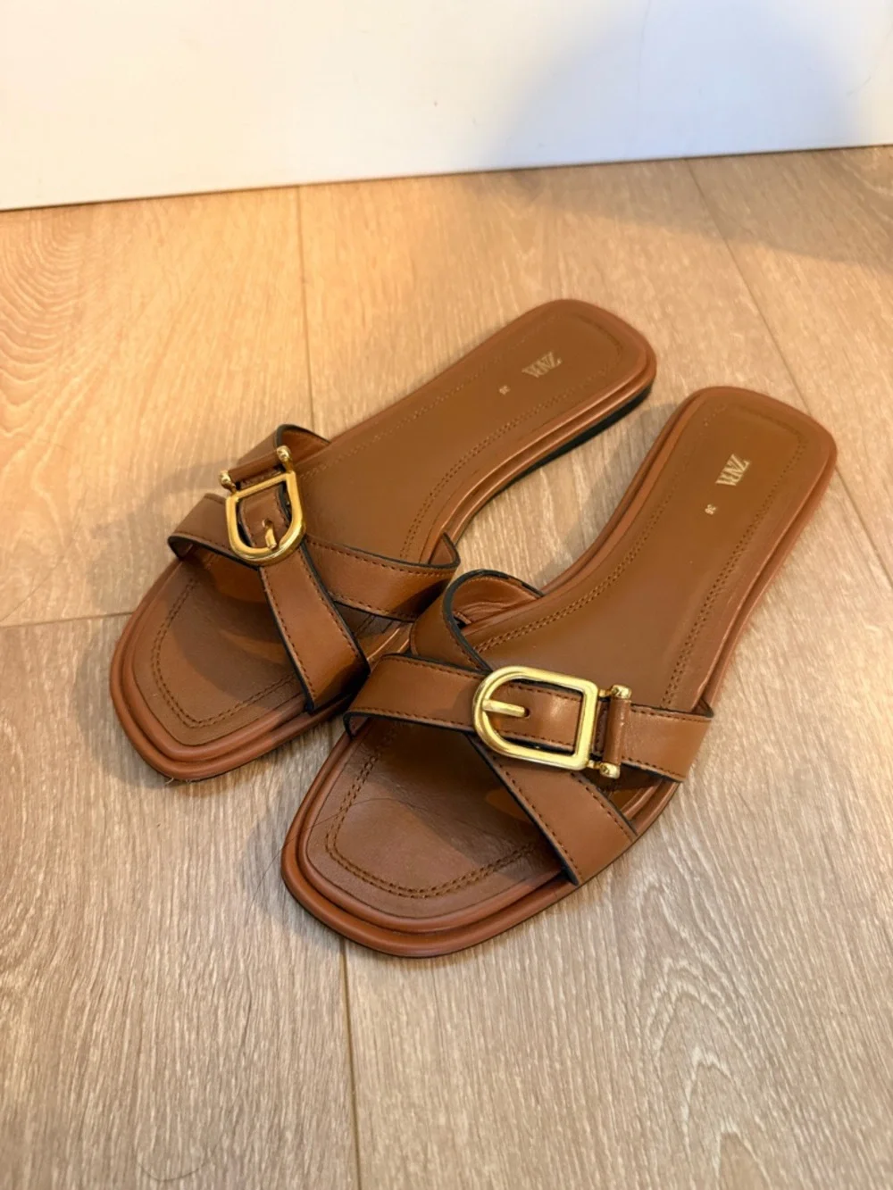 Zara Cognac Slide Sandals with Gold Buckles - Picture 2 of 2